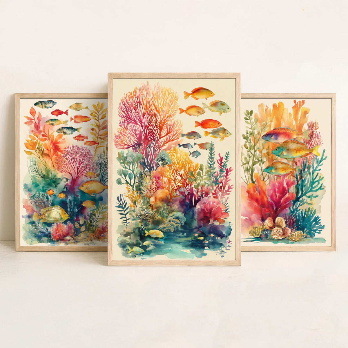 Fish and Coral Set of Three Art Prints - 3 Reef Watercolour Posters - Tropical Ocean Wall Art Gift Watercolour Beach