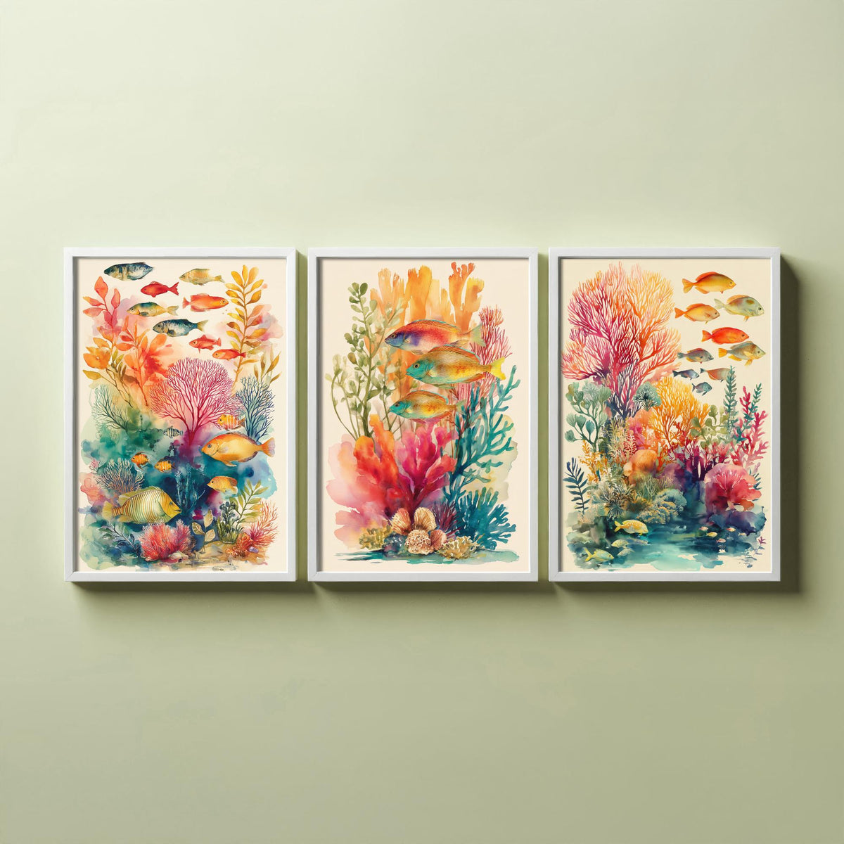 Fish and Coral Set of Three Art Prints - 3 Reef Watercolour Posters - Tropical Ocean Wall Art Gift Watercolour Beach