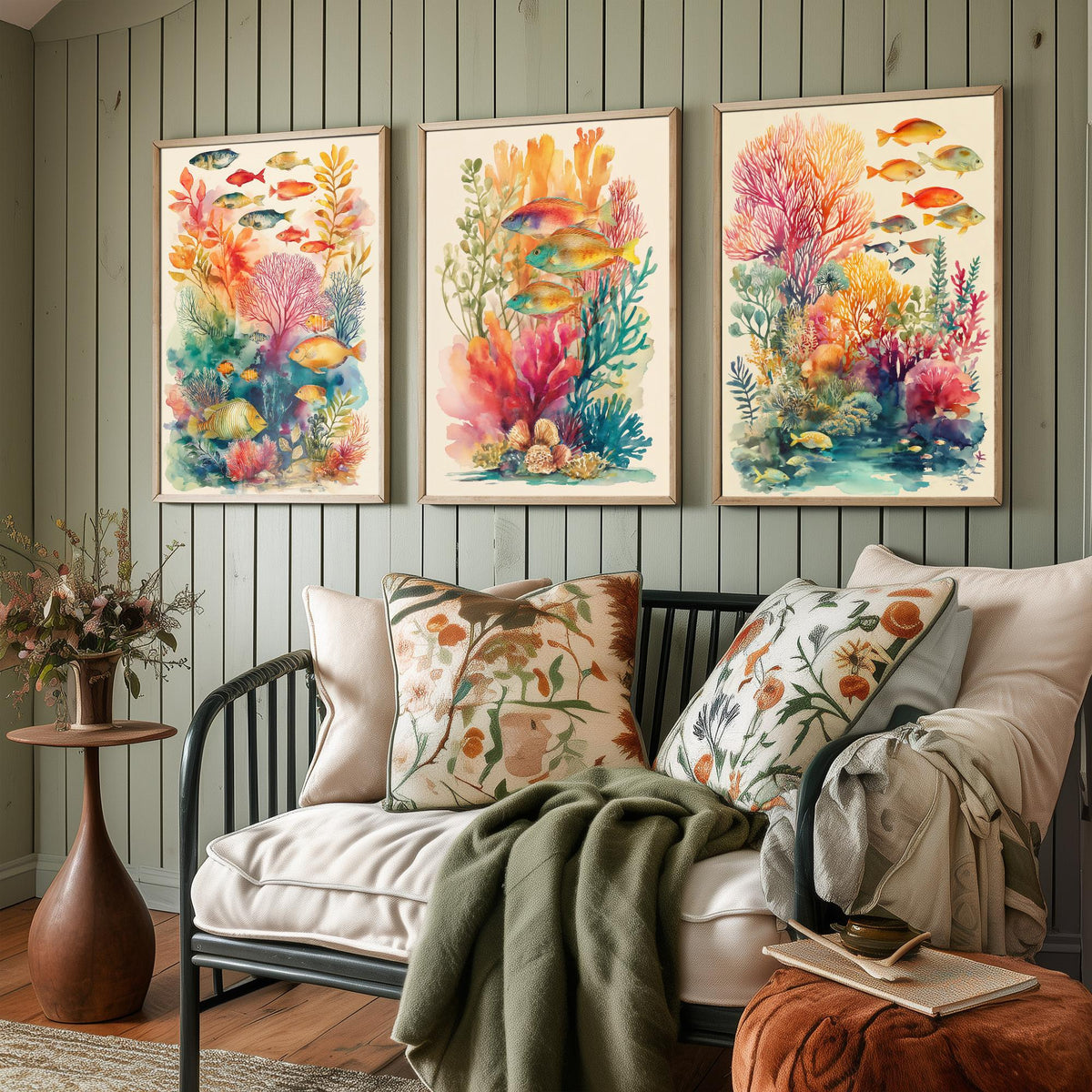 Fish and Coral Set of Three Art Prints - 3 Reef Watercolour Posters - Tropical Ocean Wall Art Gift Watercolour Beach