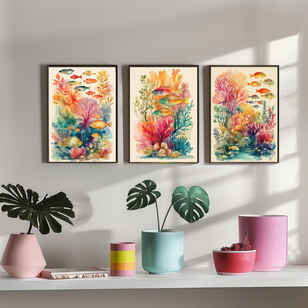 Fish and Coral Set of Three Art Prints - 3 Reef Watercolour Posters - Tropical Ocean Wall Art Gift Watercolour Beach