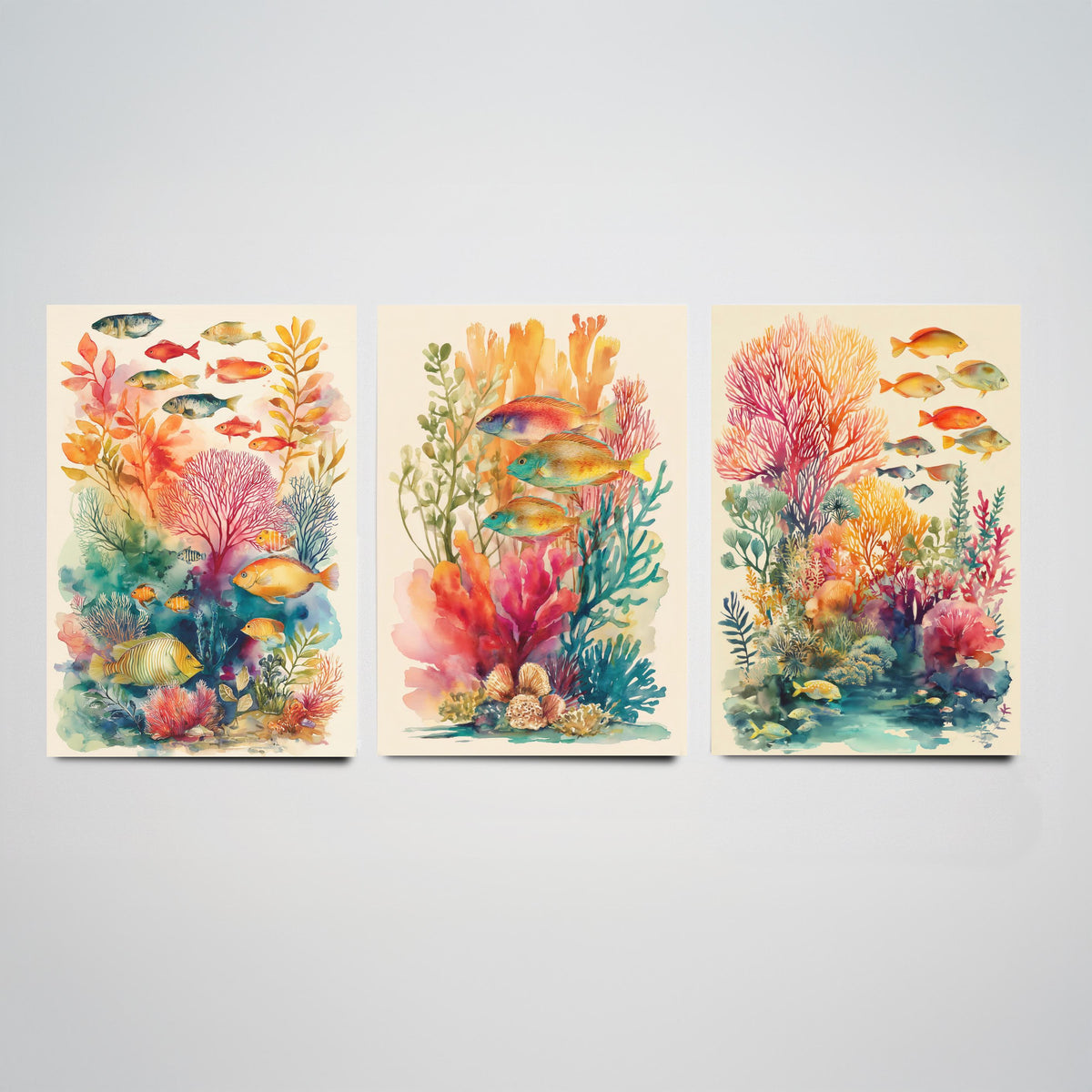Fish and Coral Set of Three Art Prints - 3 Reef Watercolour Posters - Tropical Ocean Wall Art Gift Watercolour Beach