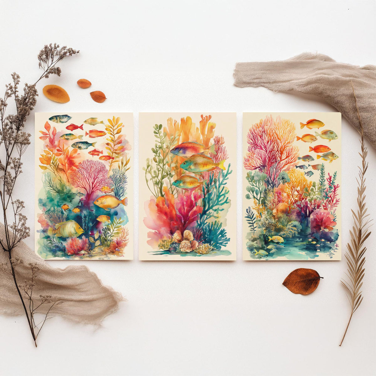 Fish and Coral Set of Three Art Prints - 3 Reef Watercolour Posters - Tropical Ocean Wall Art Gift Watercolour Beach