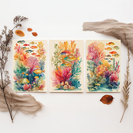 Fish and Coral Set of Three Art Prints - 3 Reef Watercolour Posters - Tropical Ocean Wall Art Gift Watercolour Beach