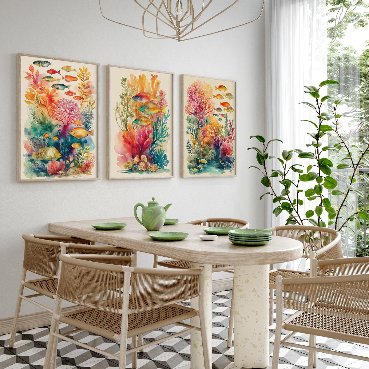 Fish and Coral Set of Three Art Prints - 3 Reef Watercolour Posters - Tropical Ocean Wall Art Gift Watercolour Beach