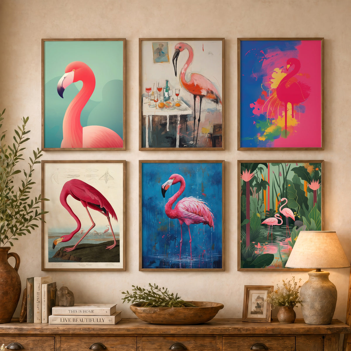 Set of Six Flamingo Art Prints - 6 Pink Bird Posters in Different Art Styles - Vintage Audubon Plate, Pop Art, Tropical Painting