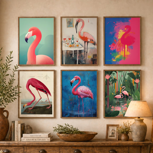 Set of Six Flamingo Art Prints - 6 Pink Bird Posters in Different Art Styles - Vintage Audubon Plate, Pop Art, Tropical Painting