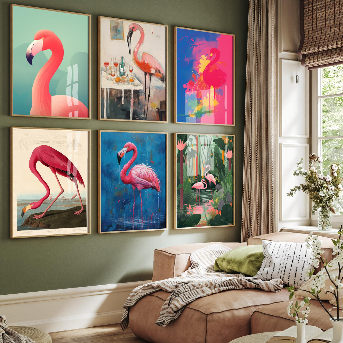 Set of Six Flamingo Art Prints - 6 Pink Bird Posters in Different Art Styles - Vintage Audubon Plate, Pop Art, Tropical Painting