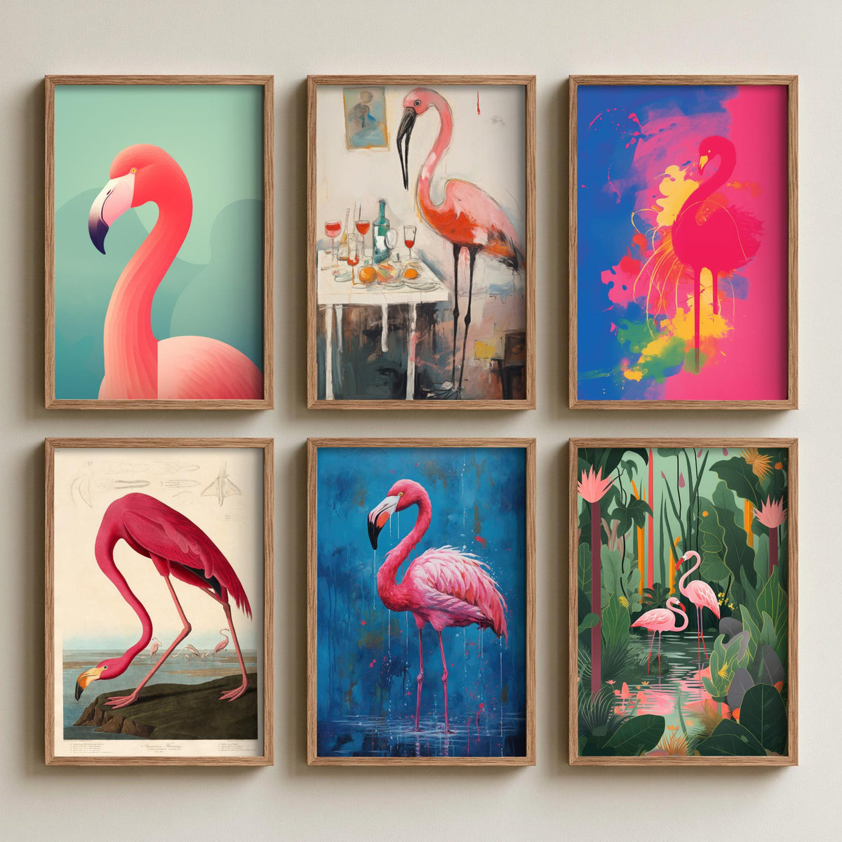 Set of Six Flamingo Art Prints - 6 Pink Bird Posters in Different Art Styles - Vintage Audubon Plate, Pop Art, Tropical Painting