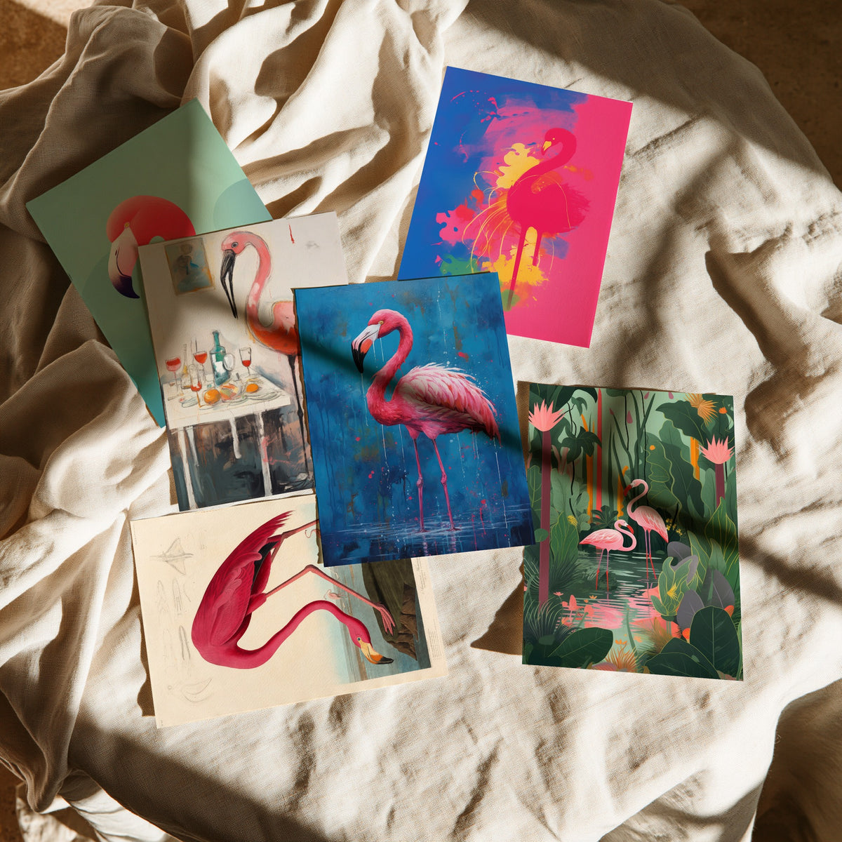 Set of Six Flamingo Art Prints - 6 Pink Bird Posters in Different Art Styles - Vintage Audubon Plate, Pop Art, Tropical Painting