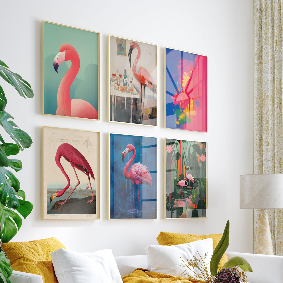 Set of Six Flamingo Art Prints - 6 Pink Bird Posters in Different Art Styles - Vintage Audubon Plate, Pop Art, Tropical Painting