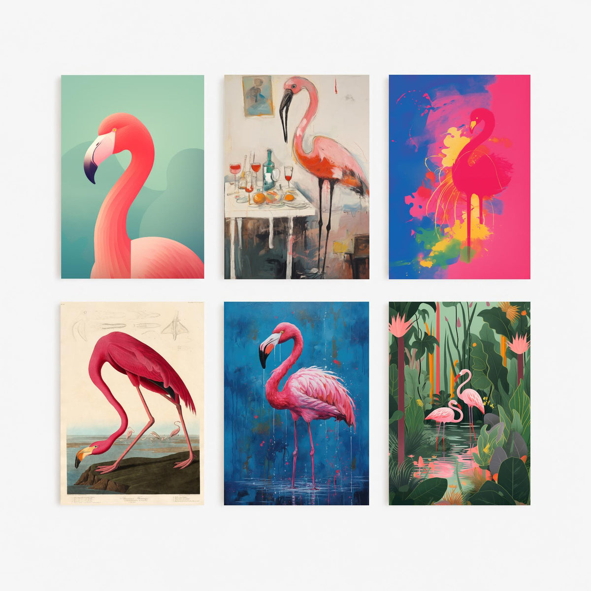Set of Six Flamingo Art Prints - 6 Pink Bird Posters in Different Art Styles - Vintage Audubon Plate, Pop Art, Tropical Painting