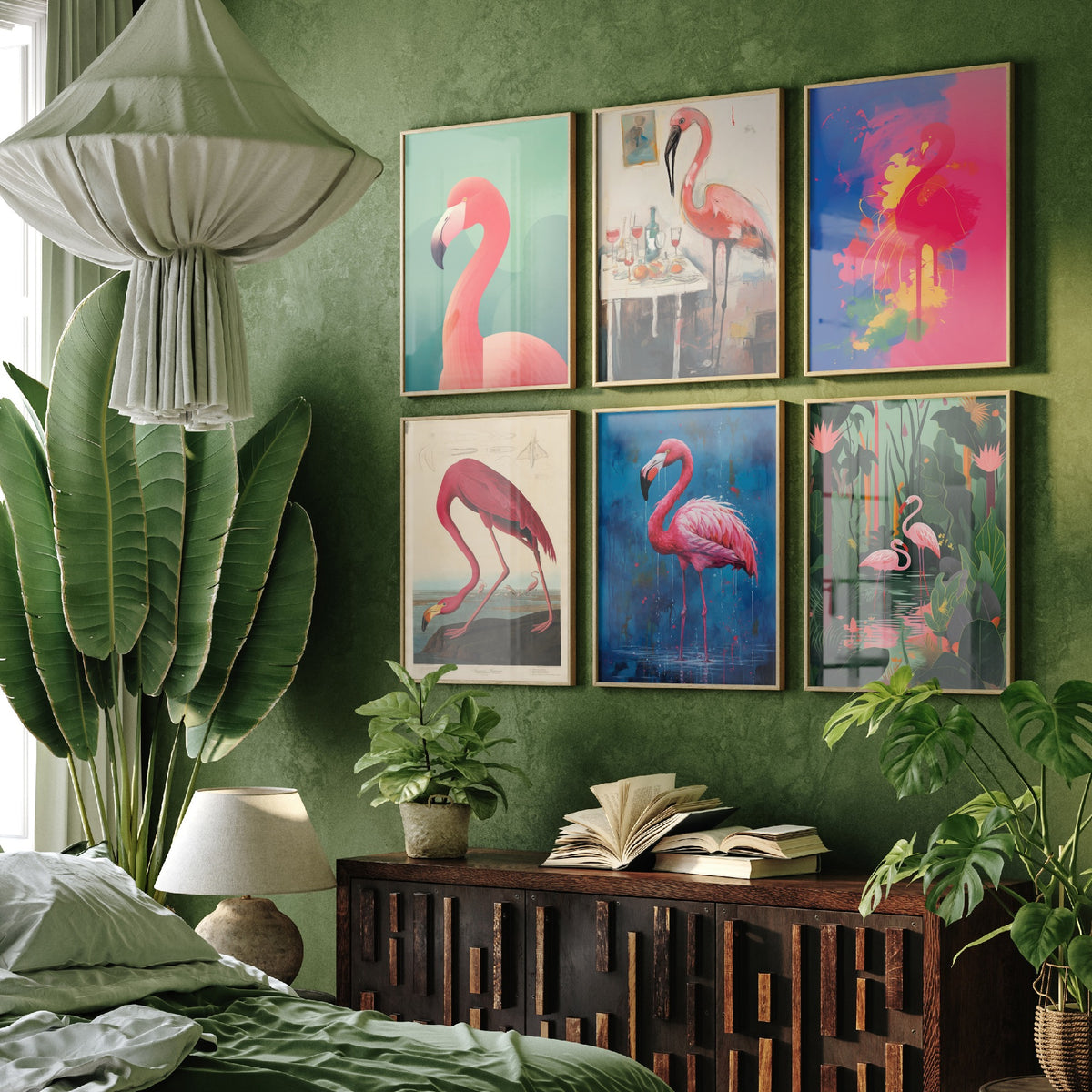 Set of Six Flamingo Art Prints - 6 Pink Bird Posters in Different Art Styles - Vintage Audubon Plate, Pop Art, Tropical Painting