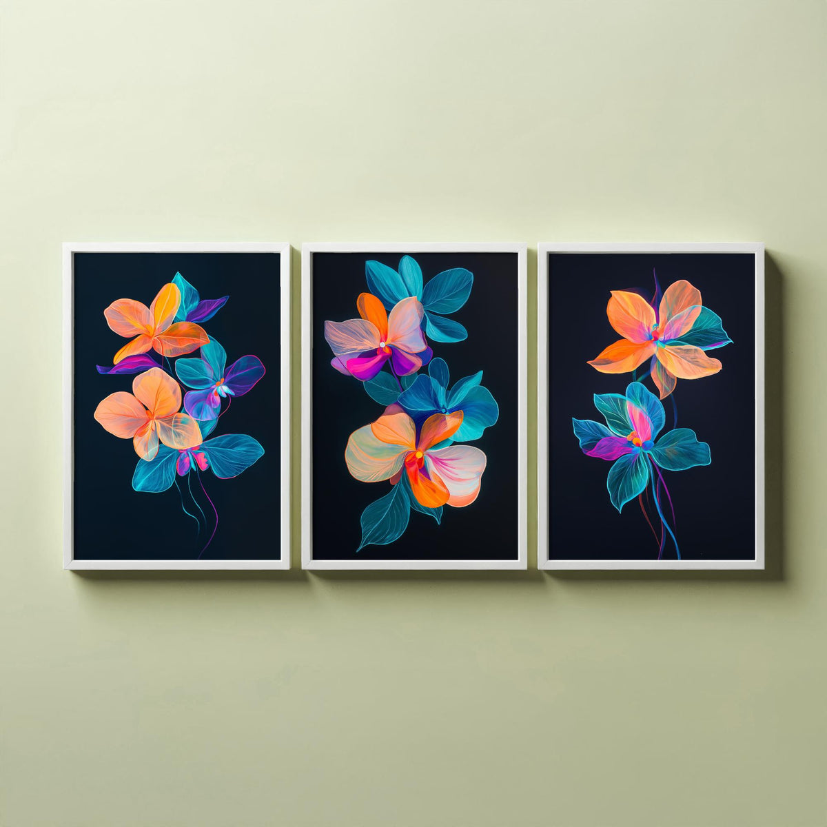 Neon Orchid Set of Three Art Prints - 3 Glowing Floral Posters - Vibrant Modern Botanical Wall Art Gift Painting Flower