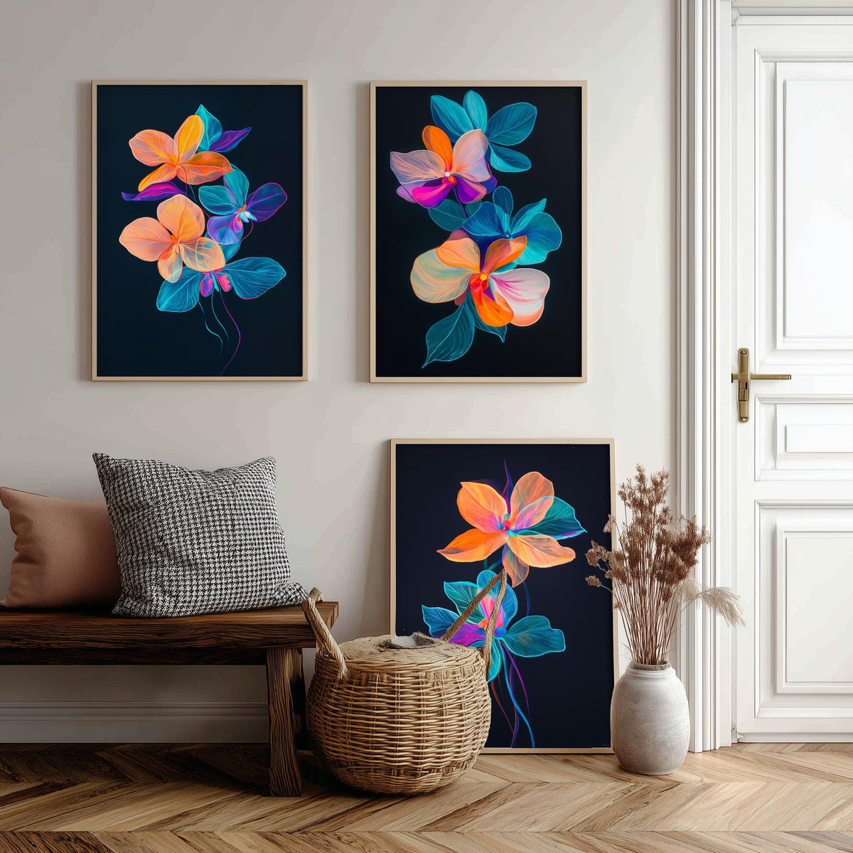 Neon Orchid Set of Three Art Prints - 3 Glowing Floral Posters - Vibrant Modern Botanical Wall Art Gift Painting Flower