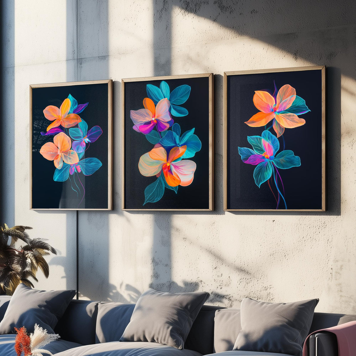 Neon Orchid Set of Three Art Prints - 3 Glowing Floral Posters - Vibrant Modern Botanical Wall Art Gift Painting Flower