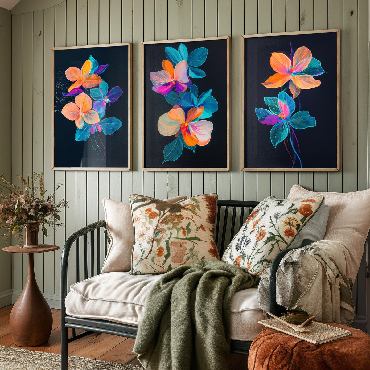 Neon Orchid Set of Three Art Prints - 3 Glowing Floral Posters - Vibrant Modern Botanical Wall Art Gift Painting Flower