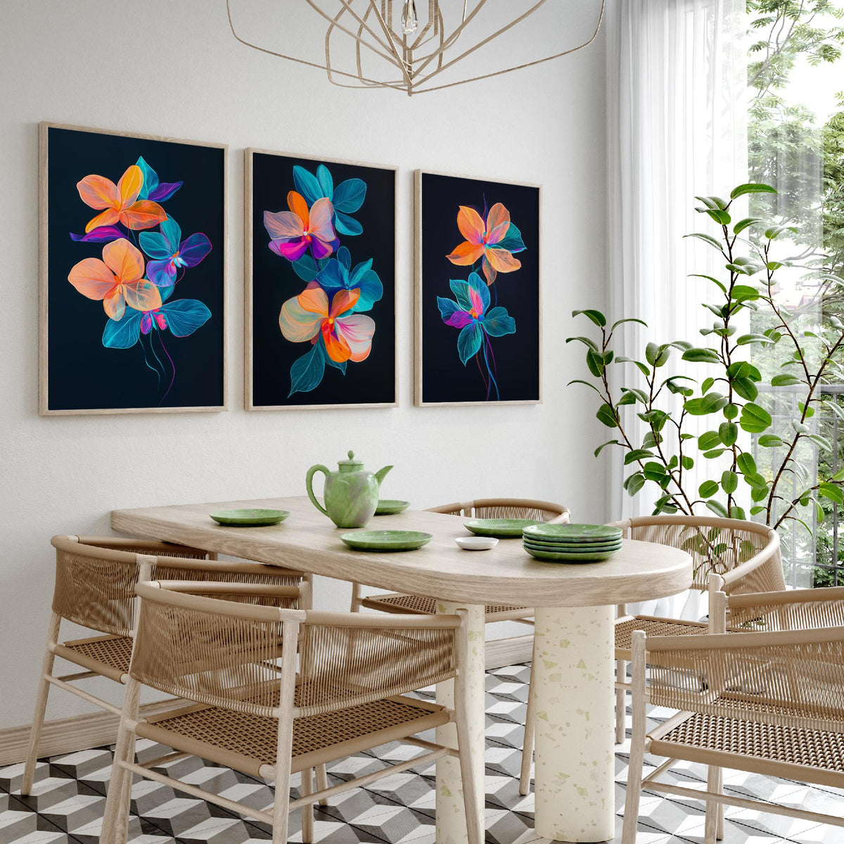 Neon Orchid Set of Three Art Prints - 3 Glowing Floral Posters - Vibrant Modern Botanical Wall Art Gift Painting Flower