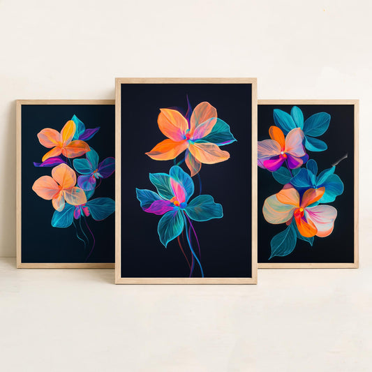 Neon Orchid Set of Three Art Prints - 3 Glowing Floral Posters - Vibrant Modern Botanical Wall Art Gift Painting Flower