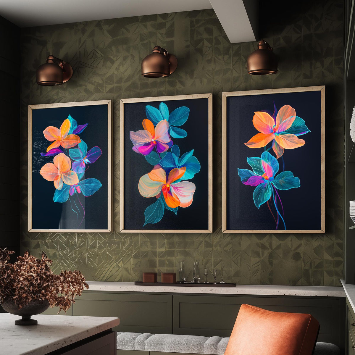 Neon Orchid Set of Three Art Prints - 3 Glowing Floral Posters - Vibrant Modern Botanical Wall Art Gift Painting Flower