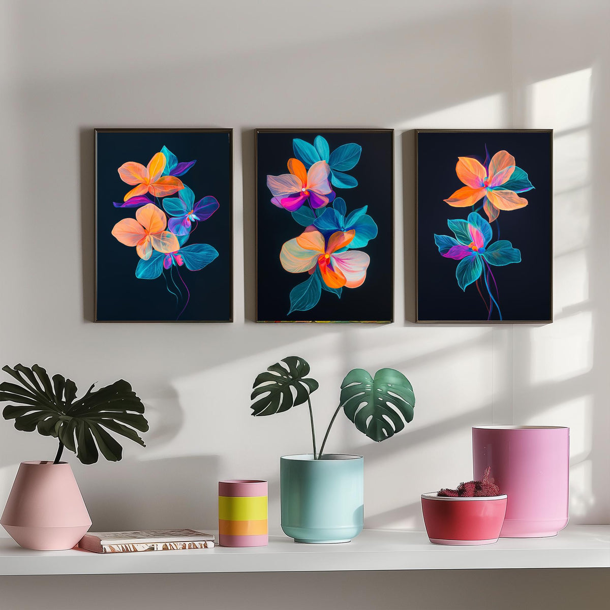 Neon Orchid Set of Three Art Prints - 3 Glowing Floral Posters - Vibrant Modern Botanical Wall Art Gift Painting Flower