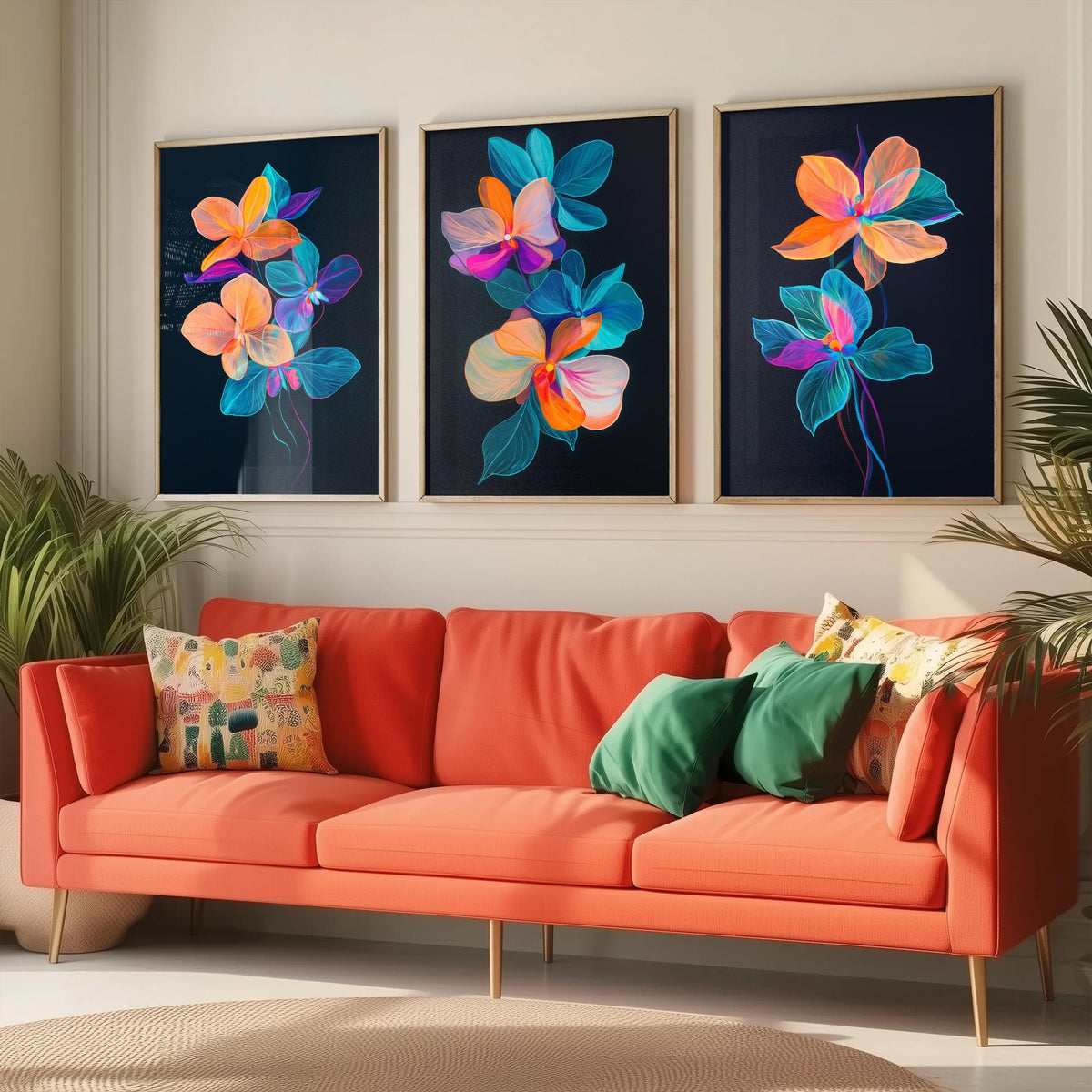 Neon Orchid Set of Three Art Prints - 3 Glowing Floral Posters - Vibrant Modern Botanical Wall Art Gift Painting Flower