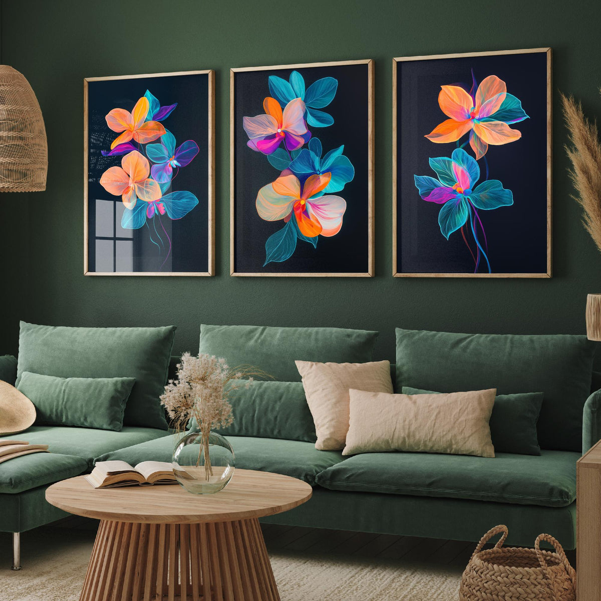 Neon Orchid Set of Three Art Prints - 3 Glowing Floral Posters - Vibrant Modern Botanical Wall Art Gift Painting Flower