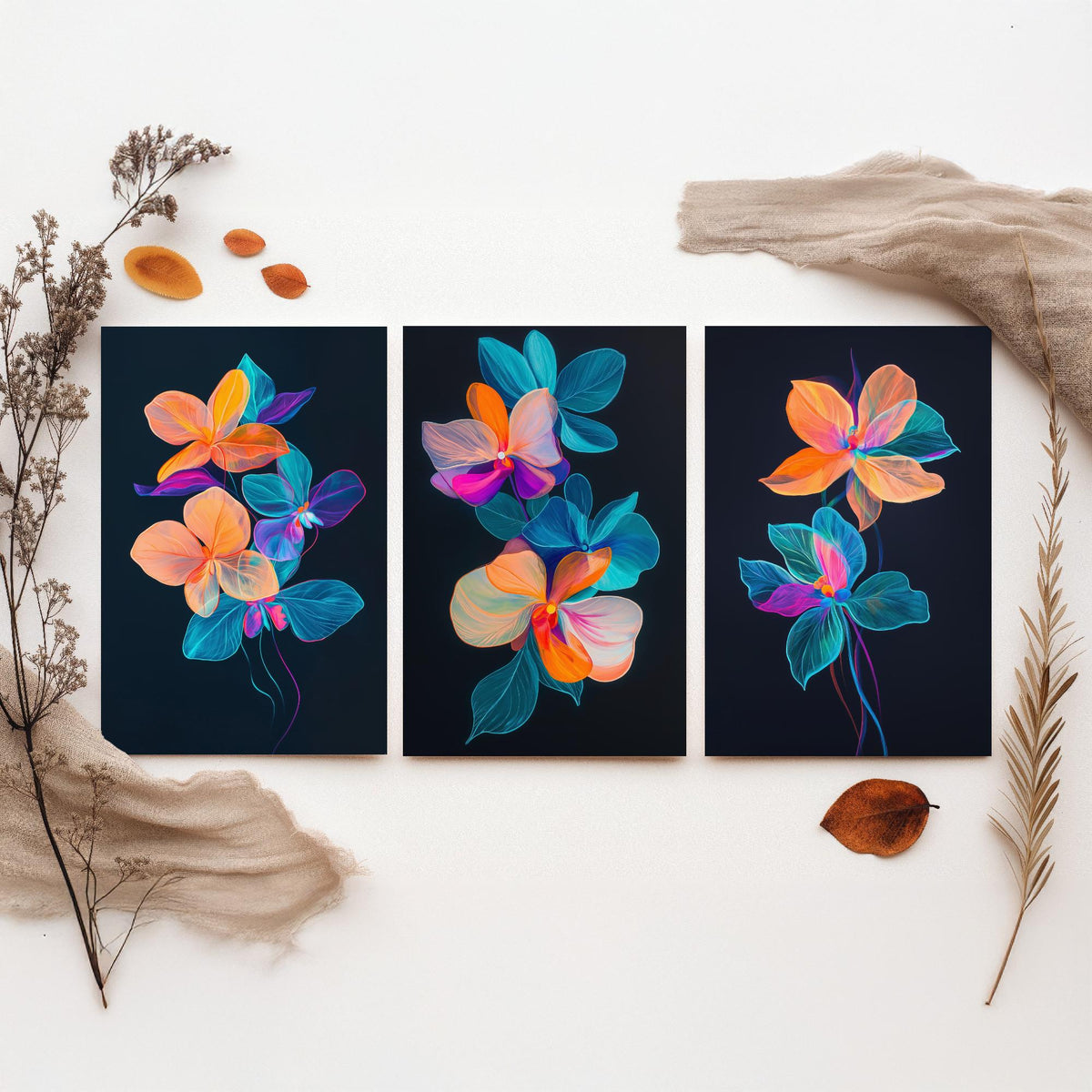 Neon Orchid Set of Three Art Prints - 3 Glowing Floral Posters - Vibrant Modern Botanical Wall Art Gift Painting Flower