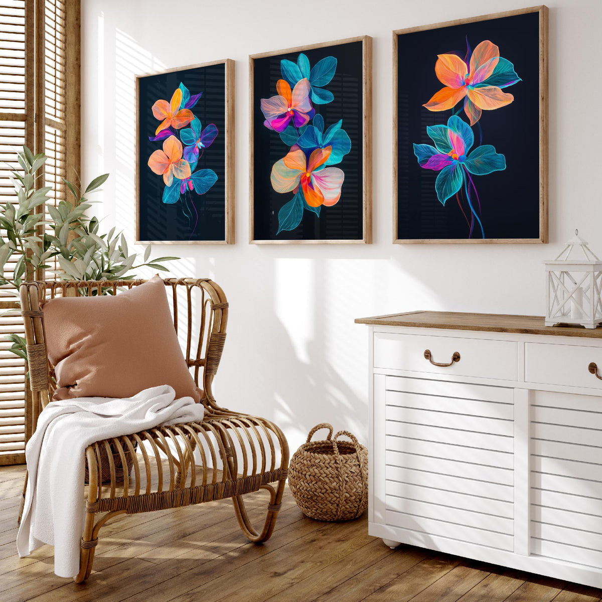 Neon Orchid Set of Three Art Prints - 3 Glowing Floral Posters - Vibrant Modern Botanical Wall Art Gift Painting Flower