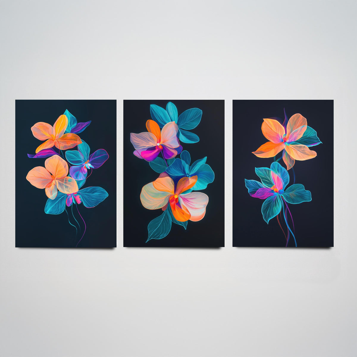 Neon Orchid Set of Three Art Prints - 3 Glowing Floral Posters - Vibrant Modern Botanical Wall Art Gift Painting Flower
