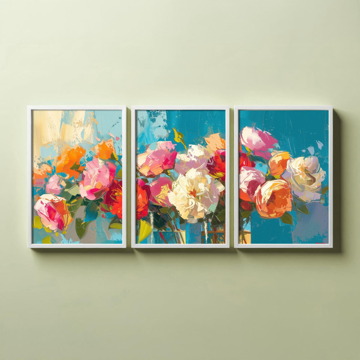 Floral Bouquet Set of Three Art Prints - 3 Rose Peony Posters - Bold Palette Knife Wall Art Gift Painting Teal Floral