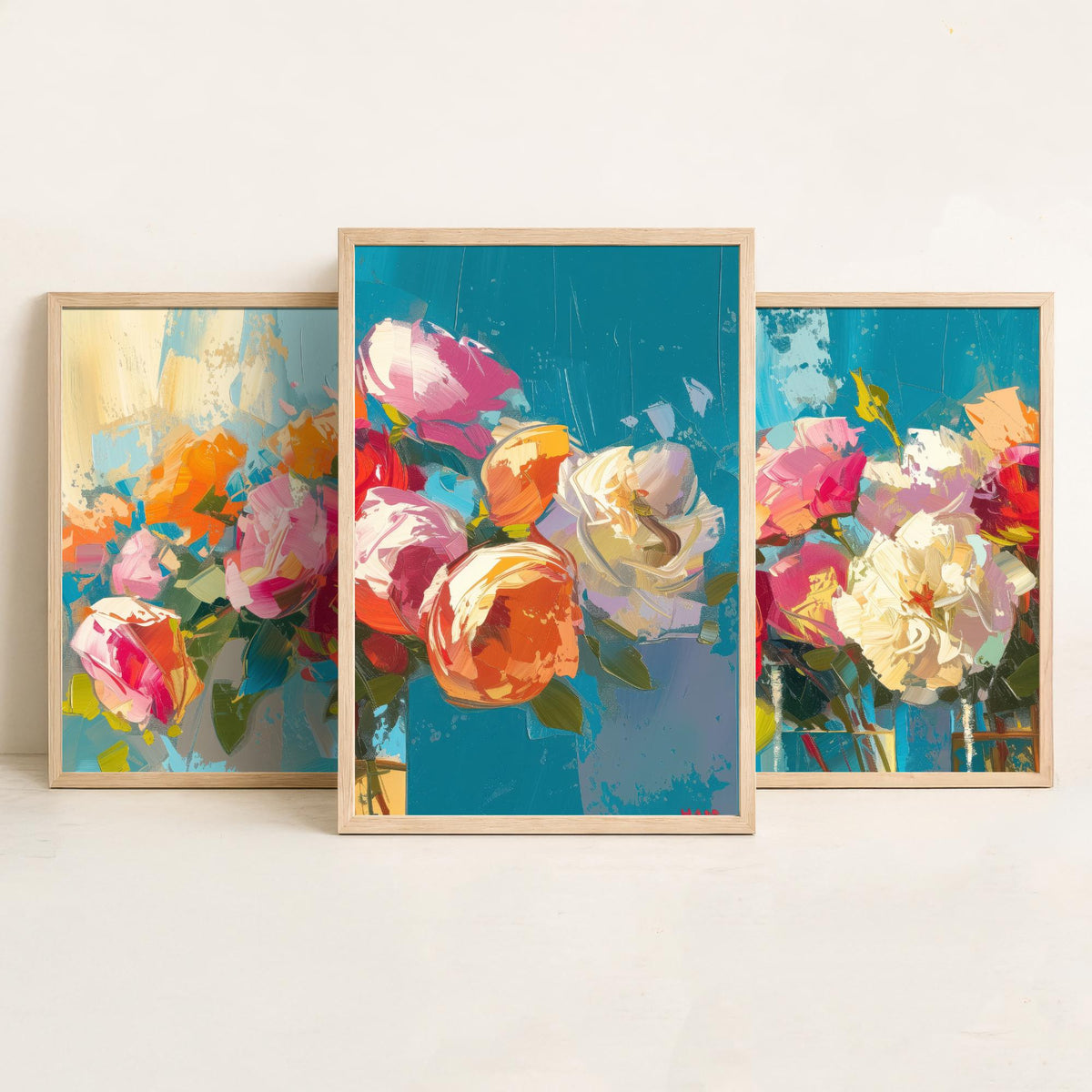 Floral Bouquet Set of Three Art Prints - 3 Rose Peony Posters - Bold Palette Knife Wall Art Gift Painting Teal Floral