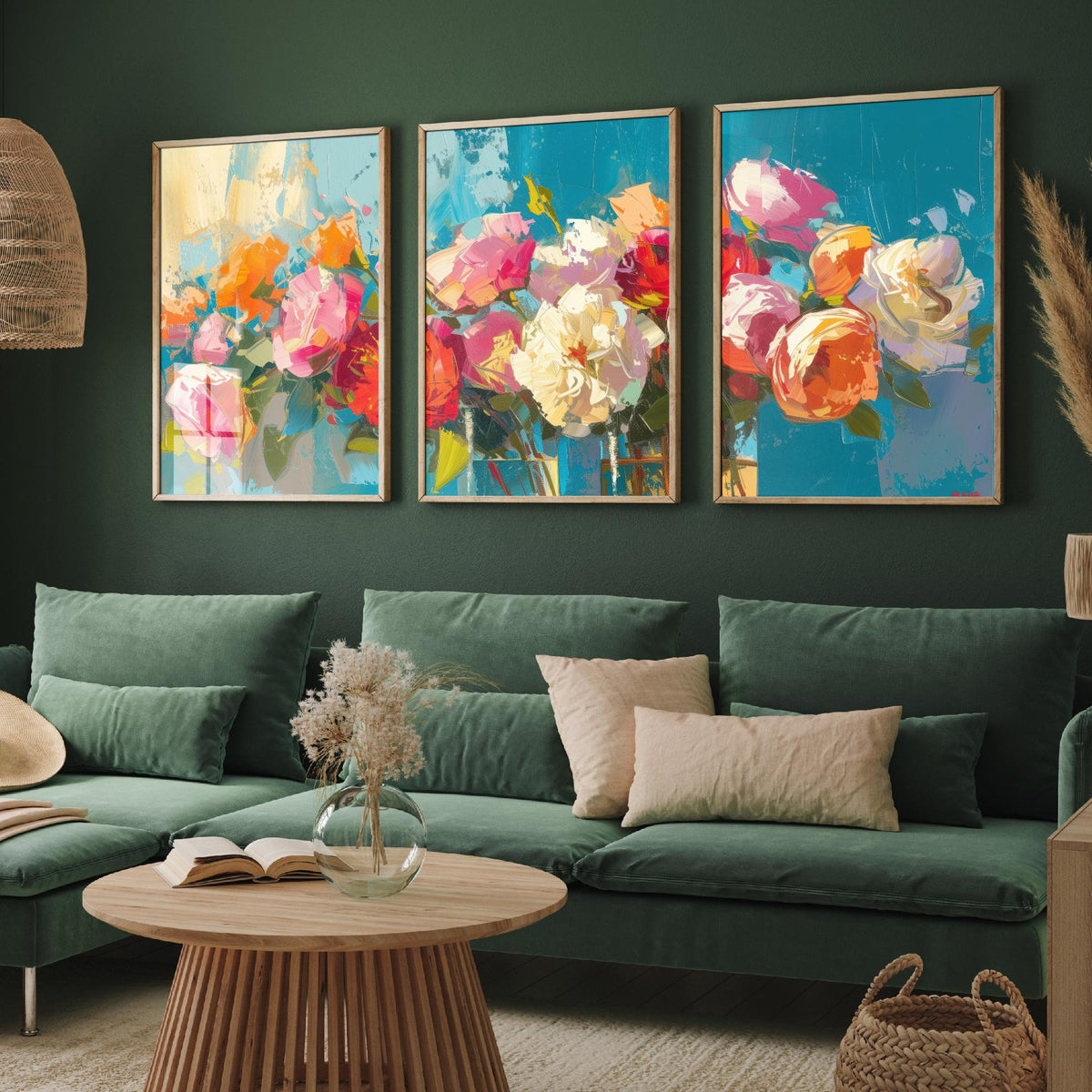Floral Bouquet Set of Three Art Prints - 3 Rose Peony Posters - Bold Palette Knife Wall Art Gift Painting Teal Floral