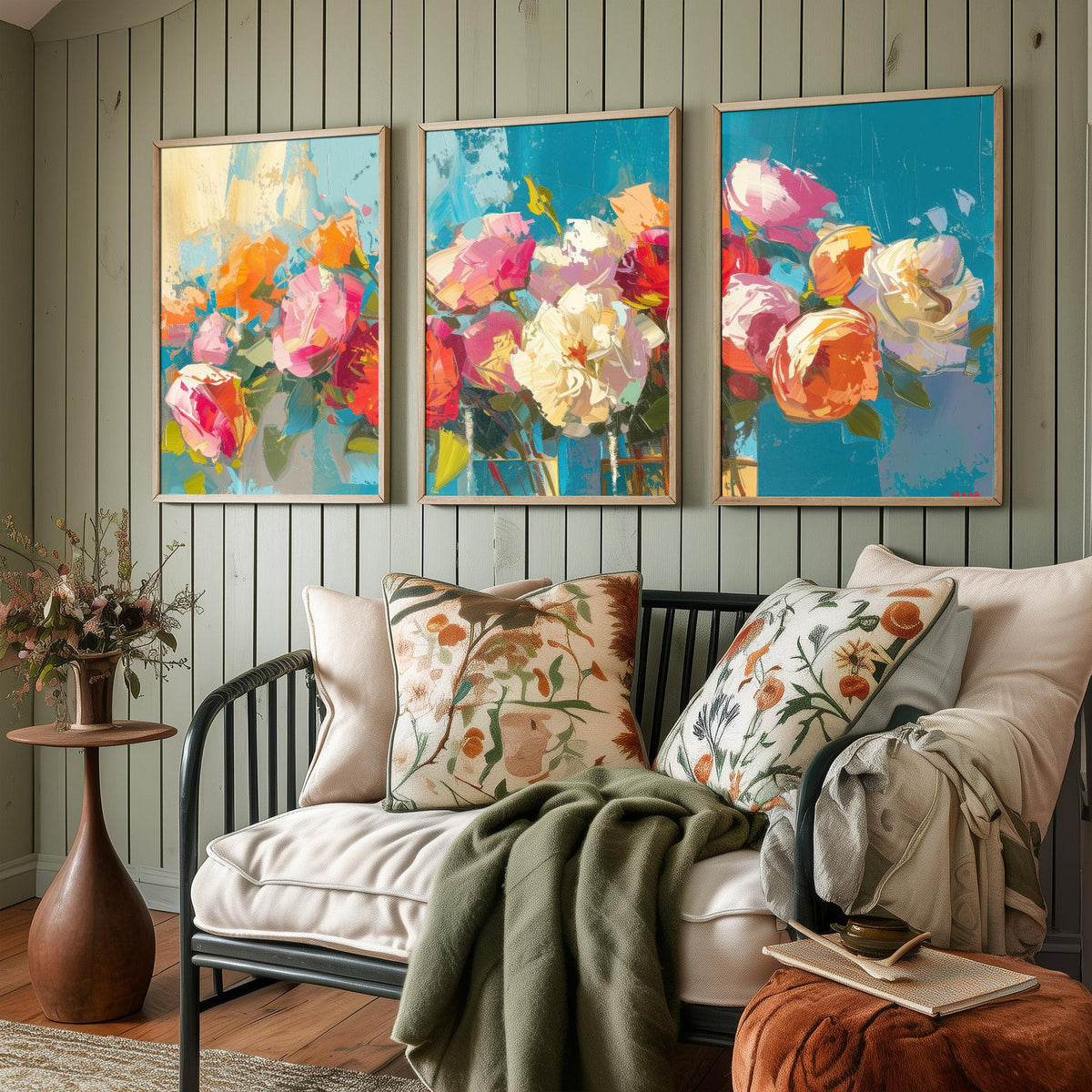 Floral Bouquet Set of Three Art Prints - 3 Rose Peony Posters - Bold Palette Knife Wall Art Gift Painting Teal Floral
