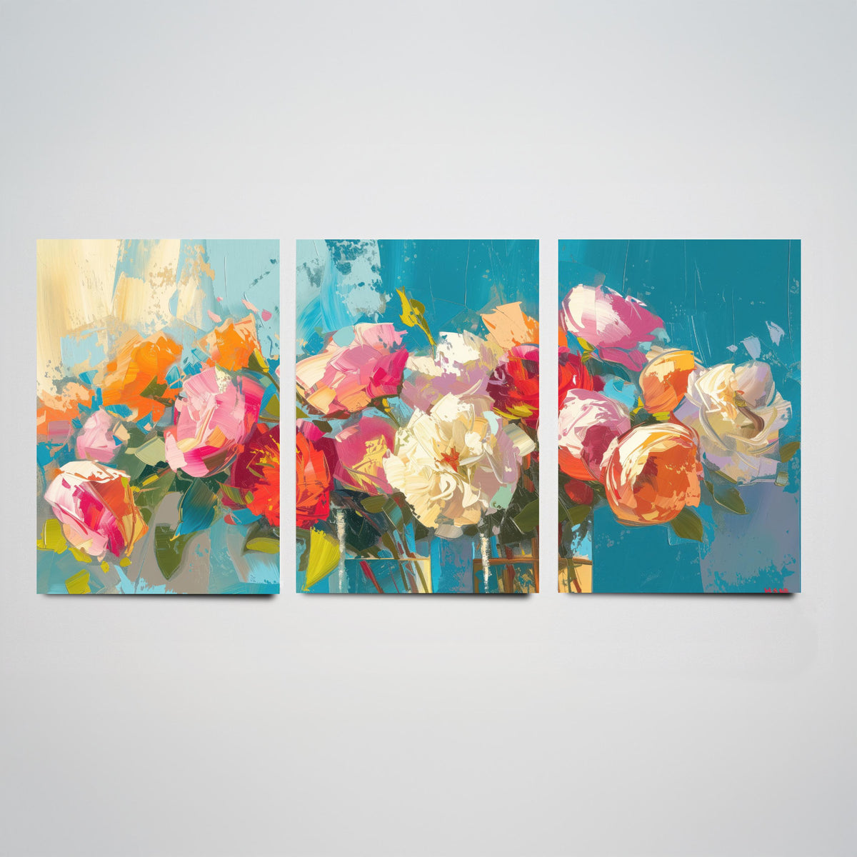 Floral Bouquet Set of Three Art Prints - 3 Rose Peony Posters - Bold Palette Knife Wall Art Gift Painting Teal Floral