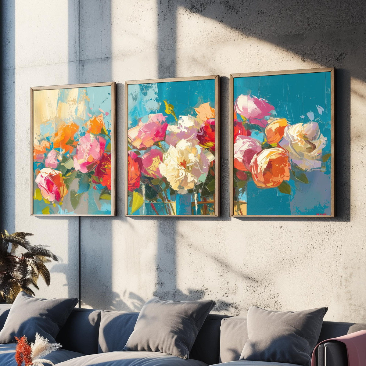 Floral Bouquet Set of Three Art Prints - 3 Rose Peony Posters - Bold Palette Knife Wall Art Gift Painting Teal Floral