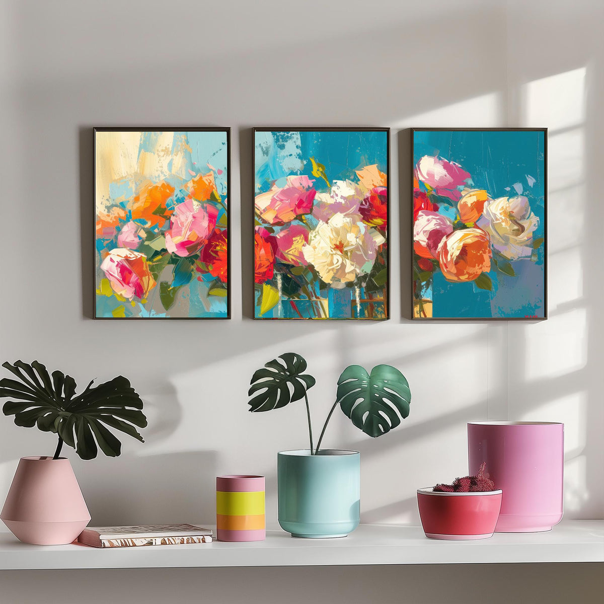 Floral Bouquet Set of Three Art Prints - 3 Rose Peony Posters - Bold Palette Knife Wall Art Gift Painting Teal Floral