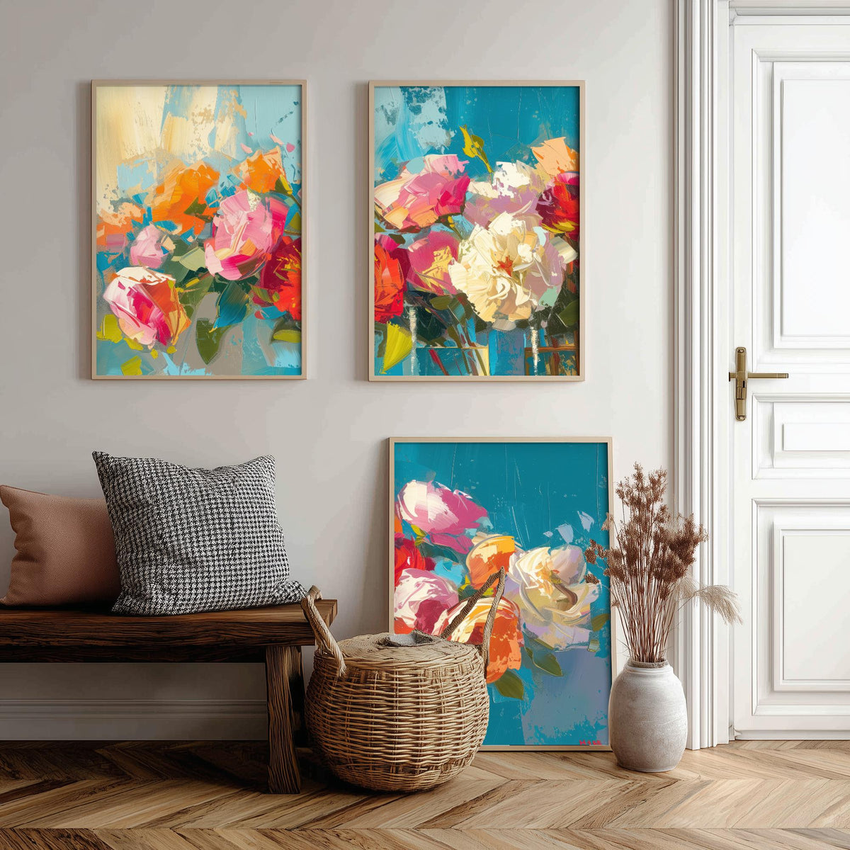 Floral Bouquet Set of Three Art Prints - 3 Rose Peony Posters - Bold Palette Knife Wall Art Gift Painting Teal Floral