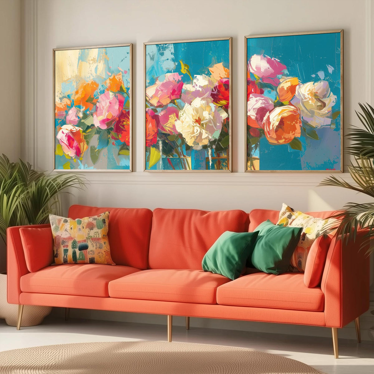 Floral Bouquet Set of Three Art Prints - 3 Rose Peony Posters - Bold Palette Knife Wall Art Gift Painting Teal Floral