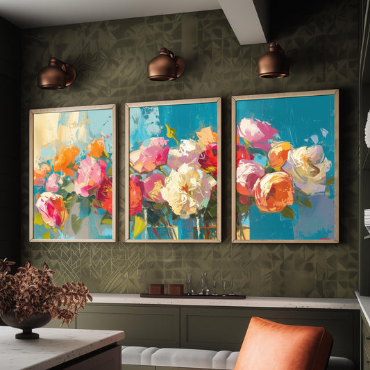 Floral Bouquet Set of Three Art Prints - 3 Rose Peony Posters - Bold Palette Knife Wall Art Gift Painting Teal Floral