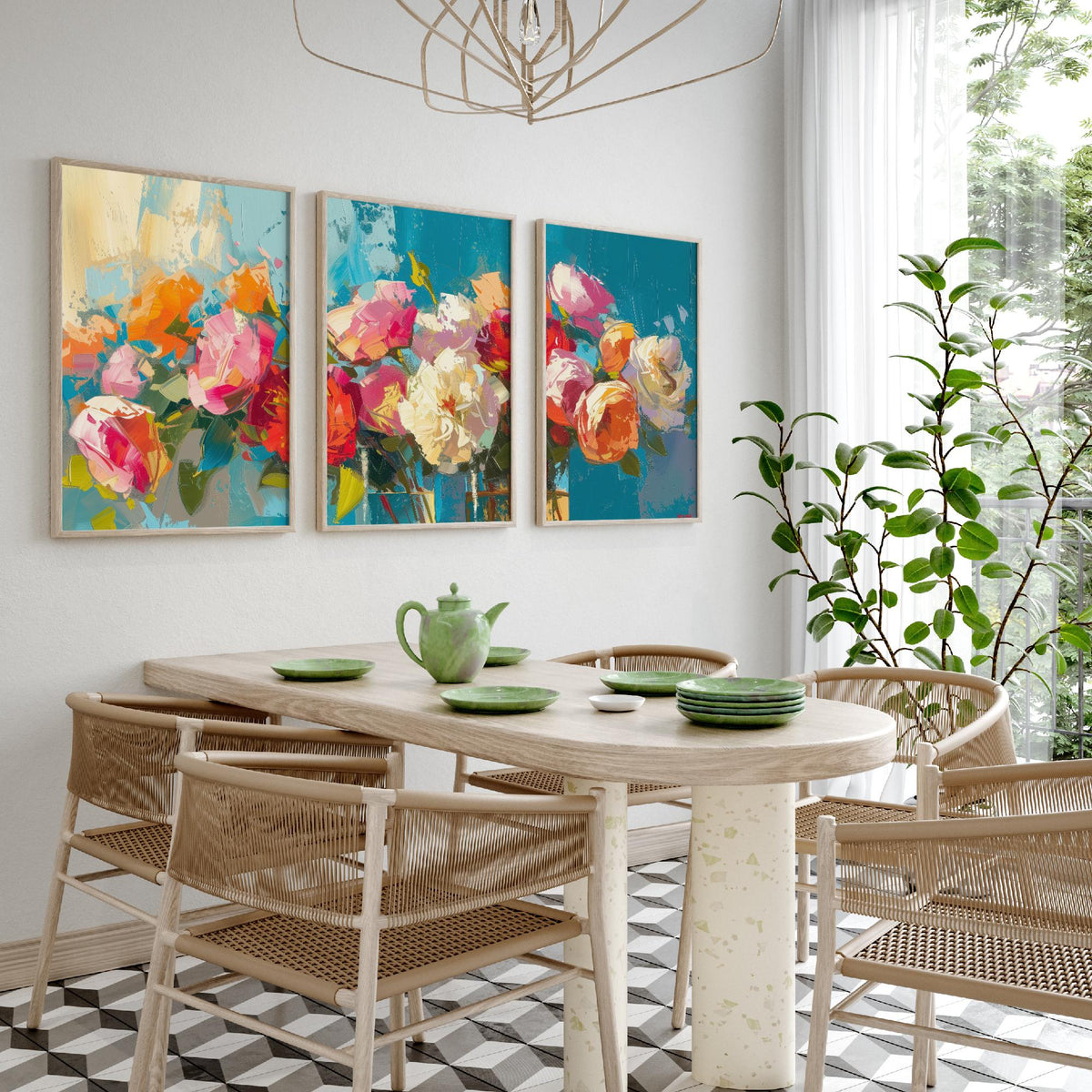 Floral Bouquet Set of Three Art Prints - 3 Rose Peony Posters - Bold Palette Knife Wall Art Gift Painting Teal Floral