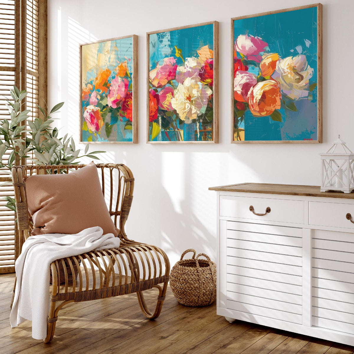 Floral Bouquet Set of Three Art Prints - 3 Rose Peony Posters - Bold Palette Knife Wall Art Gift Painting Teal Floral