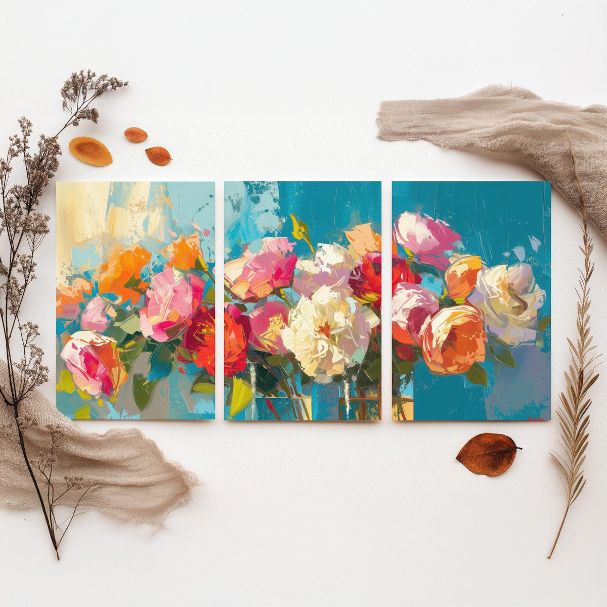 Floral Bouquet Set of Three Art Prints - 3 Rose Peony Posters - Bold Palette Knife Wall Art Gift Painting Teal Floral
