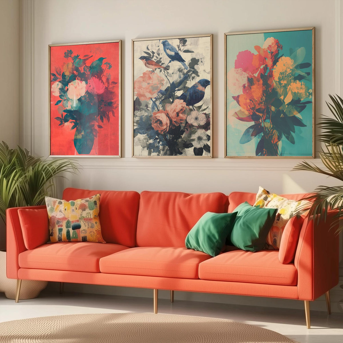 Floral and Birds Set of Three Art Prints - 3 Screen Print Bouquet Posters - Retro Botanical Wall Art Gift Illustration Bird