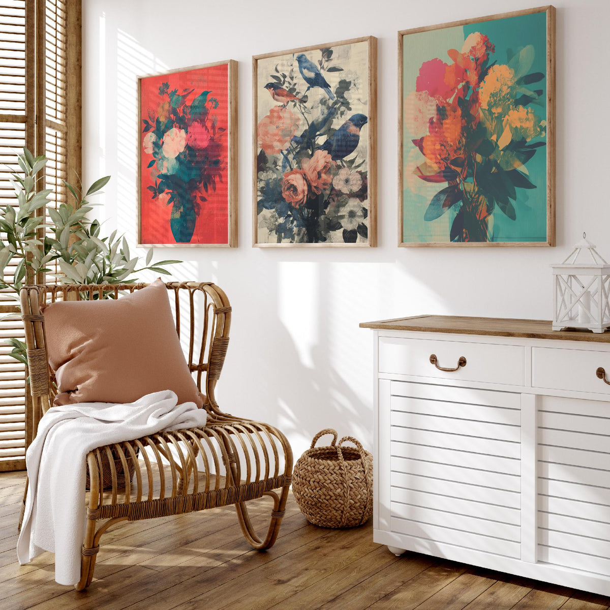 Floral and Birds Set of Three Art Prints - 3 Screen Print Bouquet Posters - Retro Botanical Wall Art Gift Illustration Bird