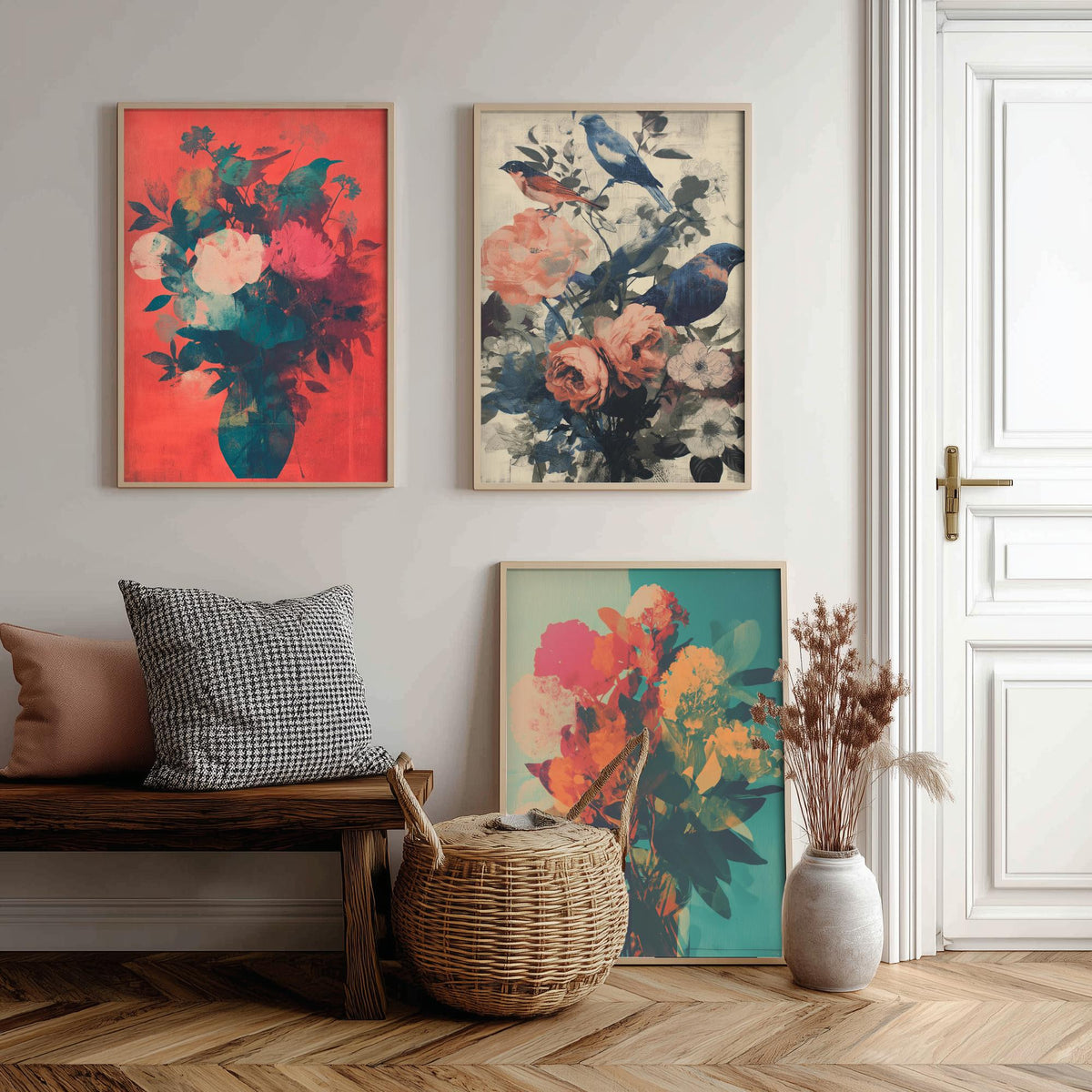 Floral and Birds Set of Three Art Prints - 3 Screen Print Bouquet Posters - Retro Botanical Wall Art Gift Illustration Bird