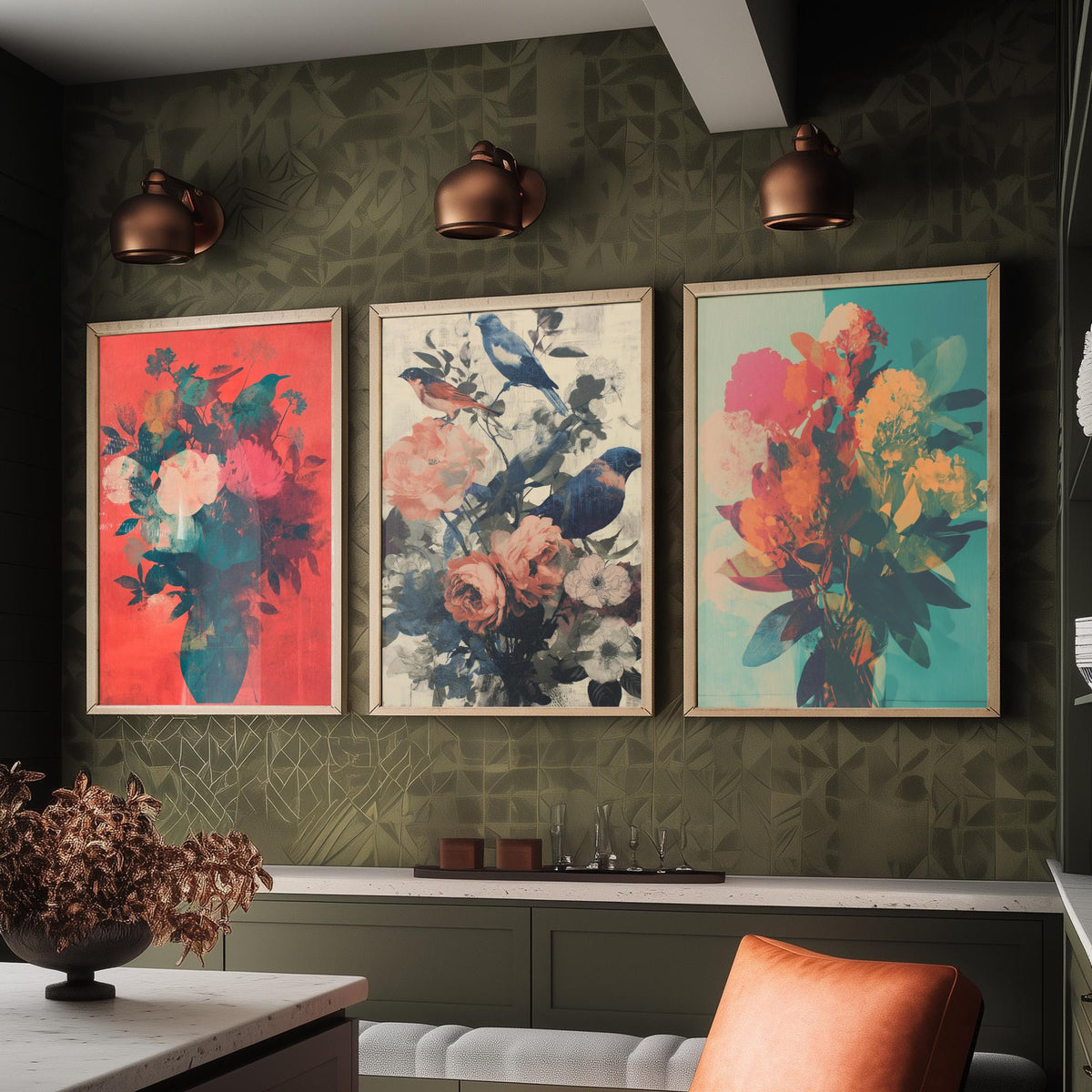 Floral and Birds Set of Three Art Prints - 3 Screen Print Bouquet Posters - Retro Botanical Wall Art Gift Illustration Bird