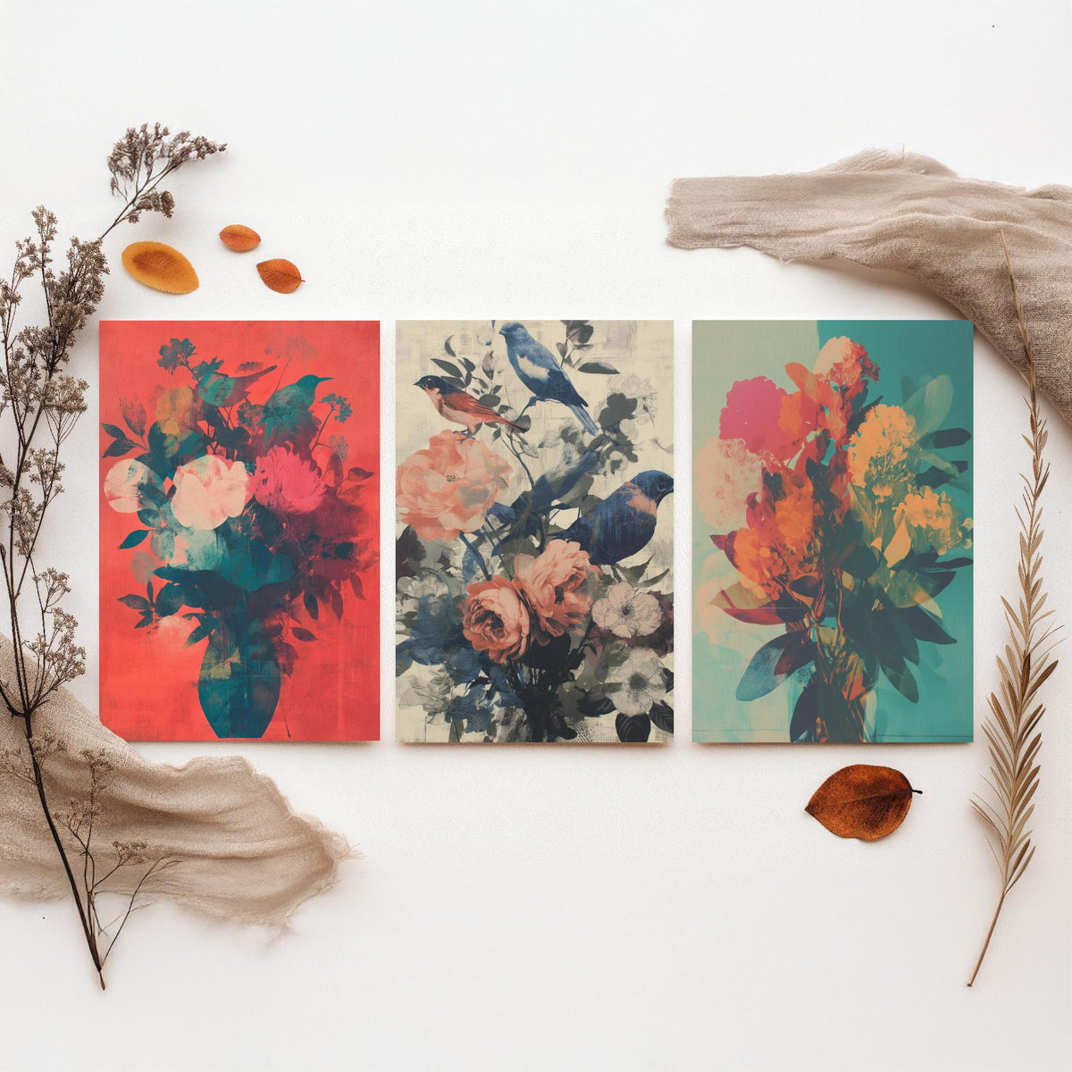 Floral and Birds Set of Three Art Prints - 3 Screen Print Bouquet Posters - Retro Botanical Wall Art Gift Illustration Bird