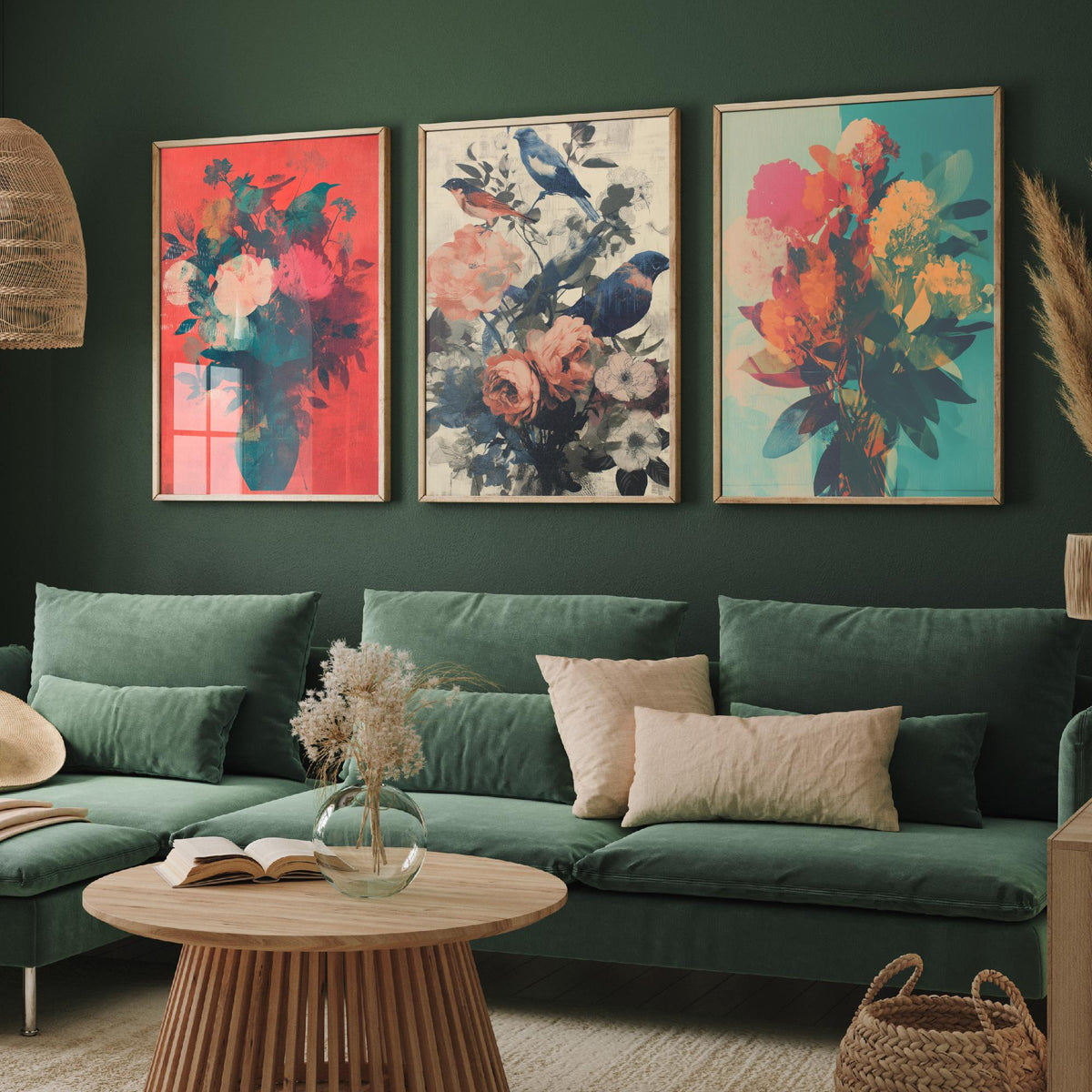 Floral and Birds Set of Three Art Prints - 3 Screen Print Bouquet Posters - Retro Botanical Wall Art Gift Illustration Bird