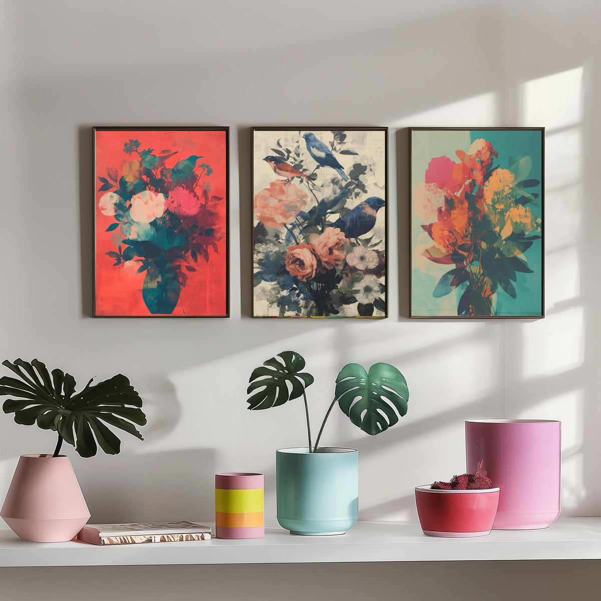 Floral and Birds Set of Three Art Prints - 3 Screen Print Bouquet Posters - Retro Botanical Wall Art Gift Illustration Bird