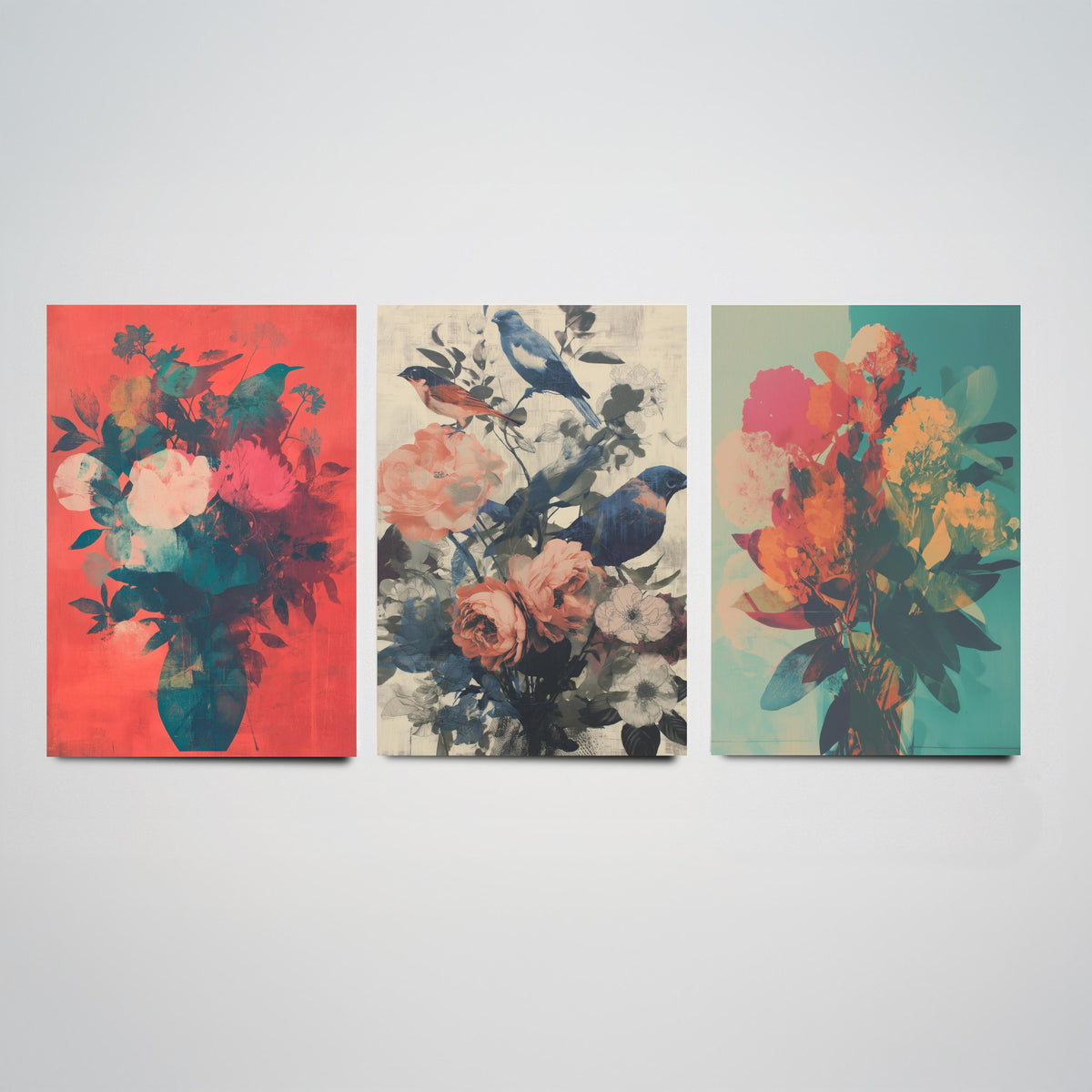 Floral and Birds Set of Three Art Prints - 3 Screen Print Bouquet Posters - Retro Botanical Wall Art Gift Illustration Bird